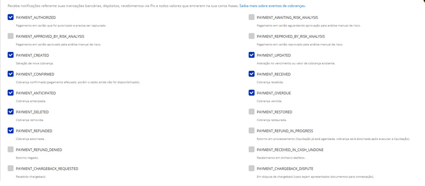 Lista de eventos do webhook