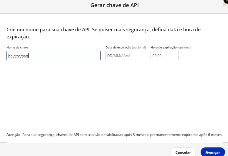 Formulário para gerar chave de API